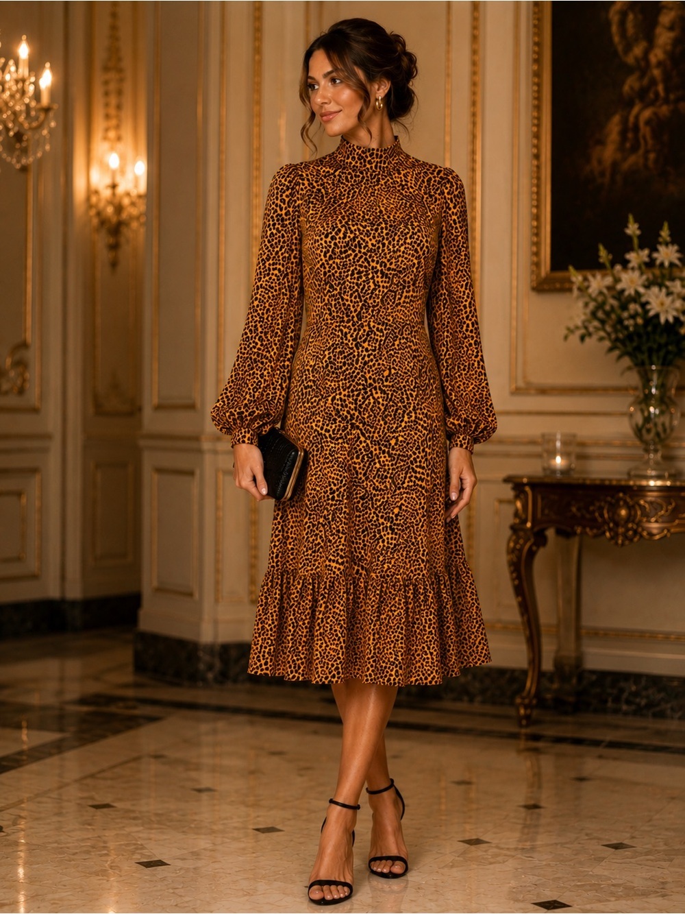 Nanette Lepore Leopard-Print Midi Dress Gold/Black MSRP $98